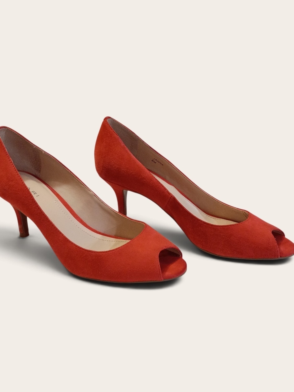 Tahari Orange-Red Suede Peep-Toe Heels